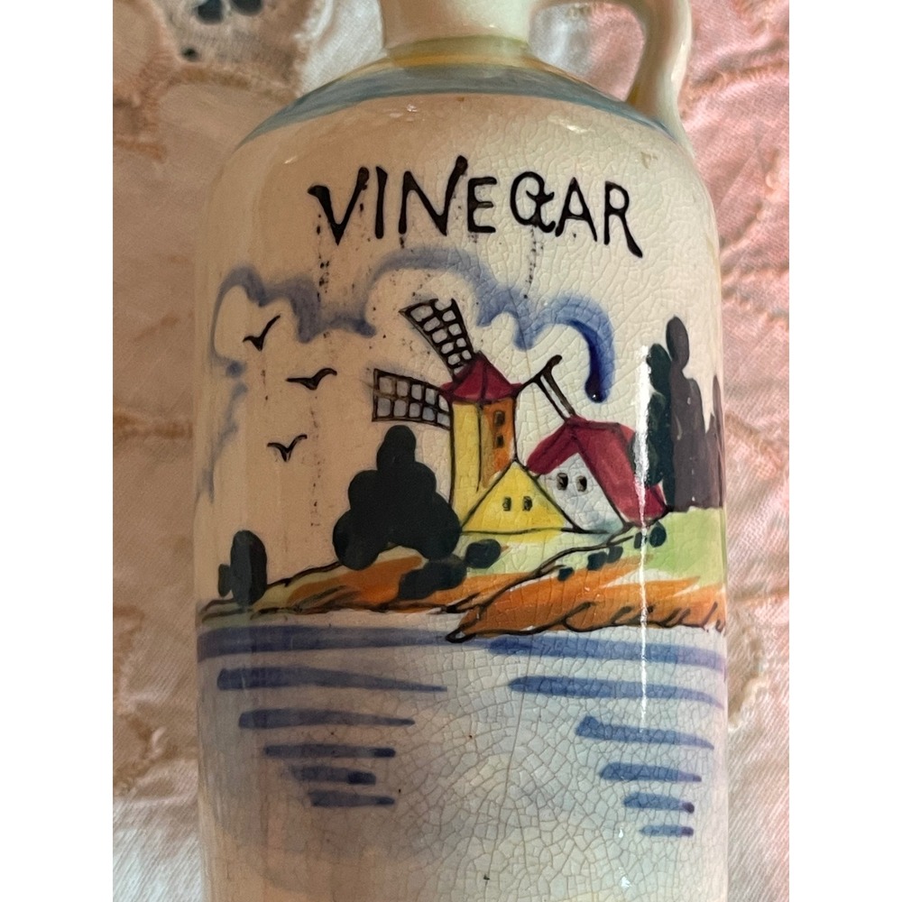 Vintage Made in Japan Ceramic Vinegar Cruet Windmill Hand Painted Jug with Cork - Picture 2 of 5